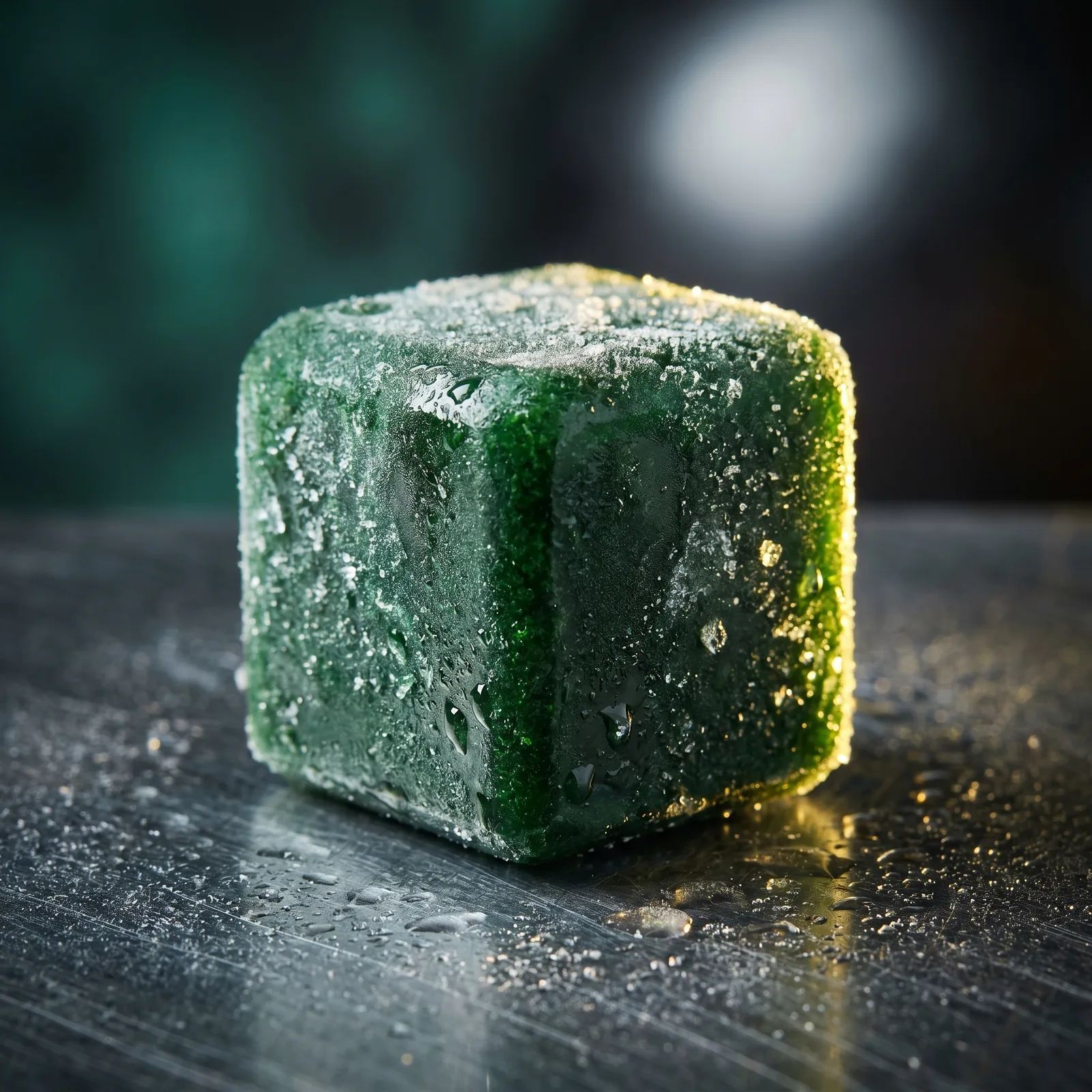 A single frozen spirulina cube, close up