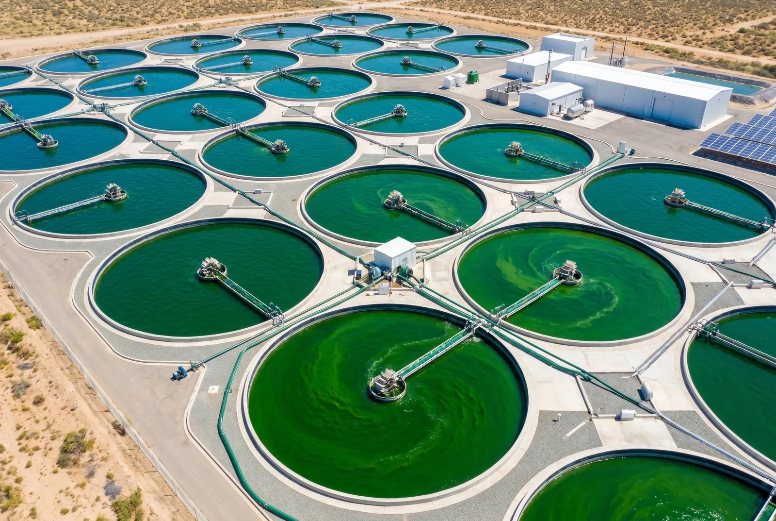 Aerial view of spirulina cultivation ponds