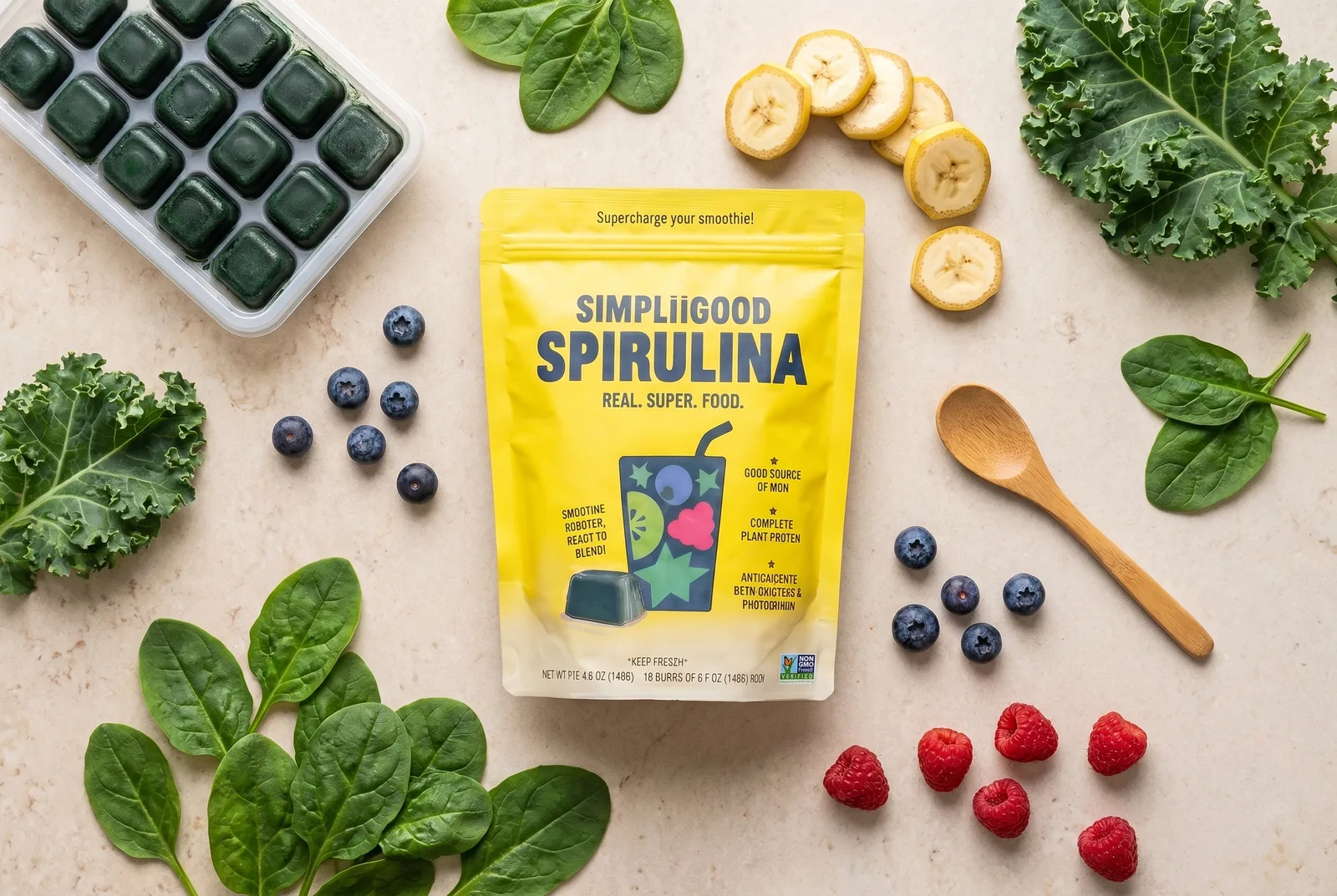 Spirulina cubes with fresh greens and fruit, flat lay