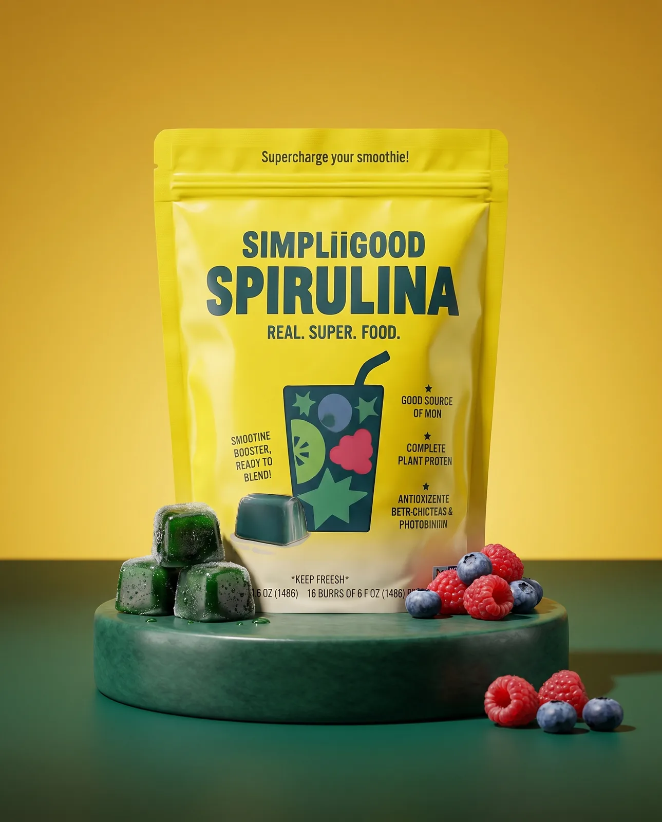 Simplii Green fresh-frozen spirulina pack and cubes