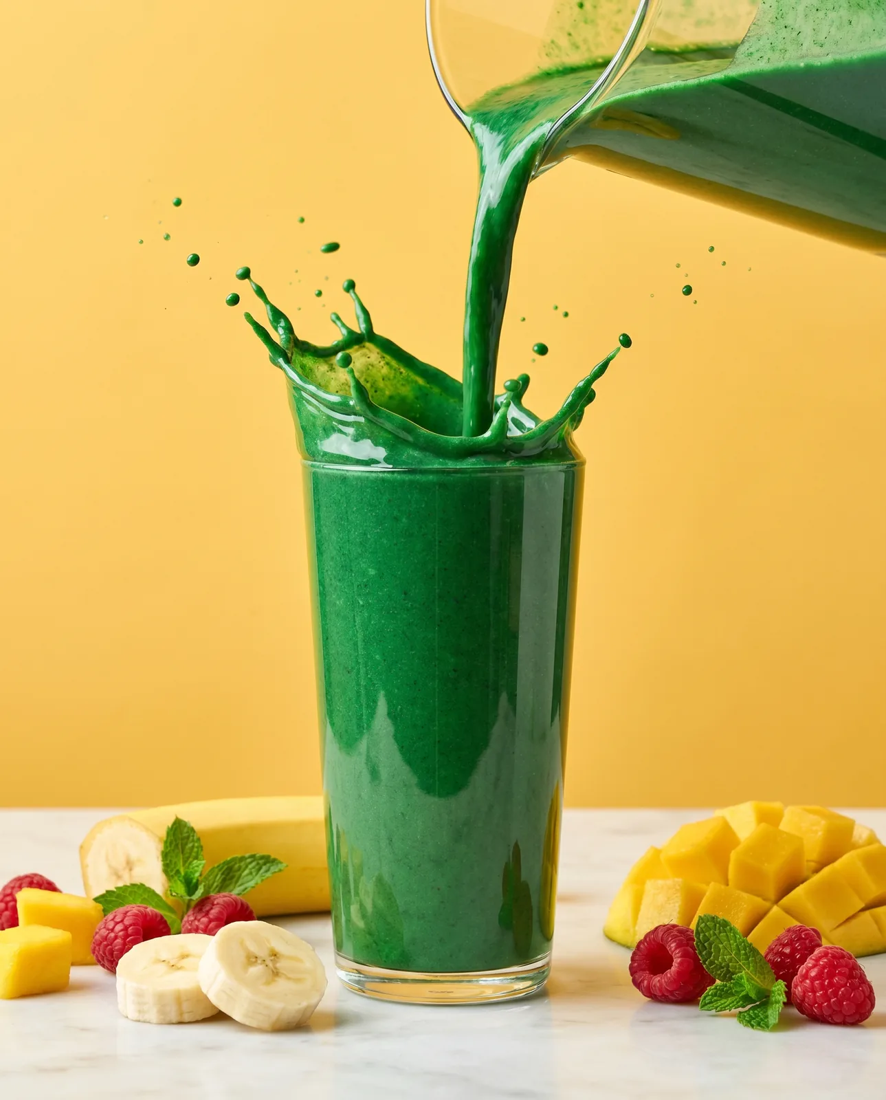 Pouring a fresh green spirulina smoothie