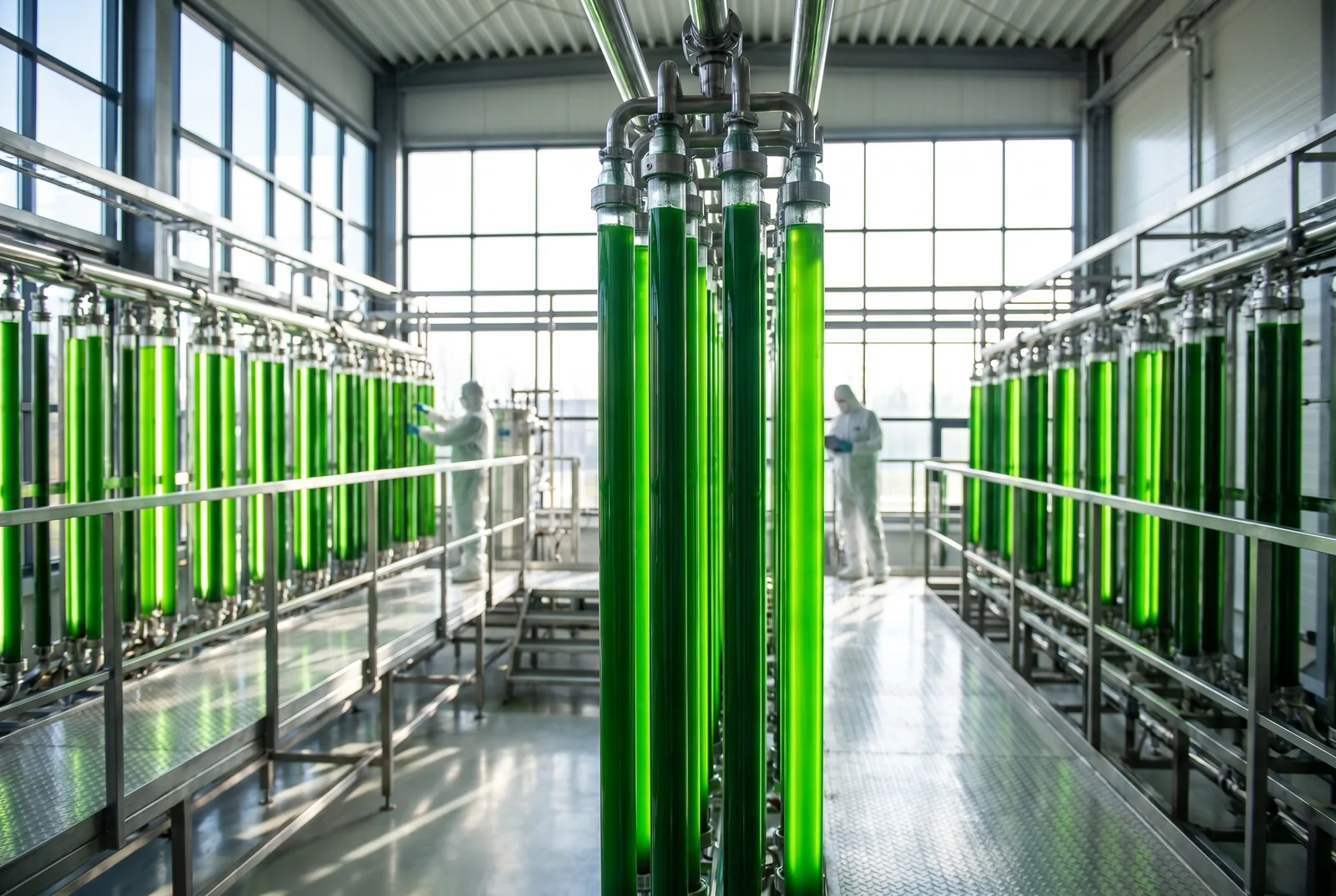 Spirulina growing in glass photobioreactor tubes in a clean facility